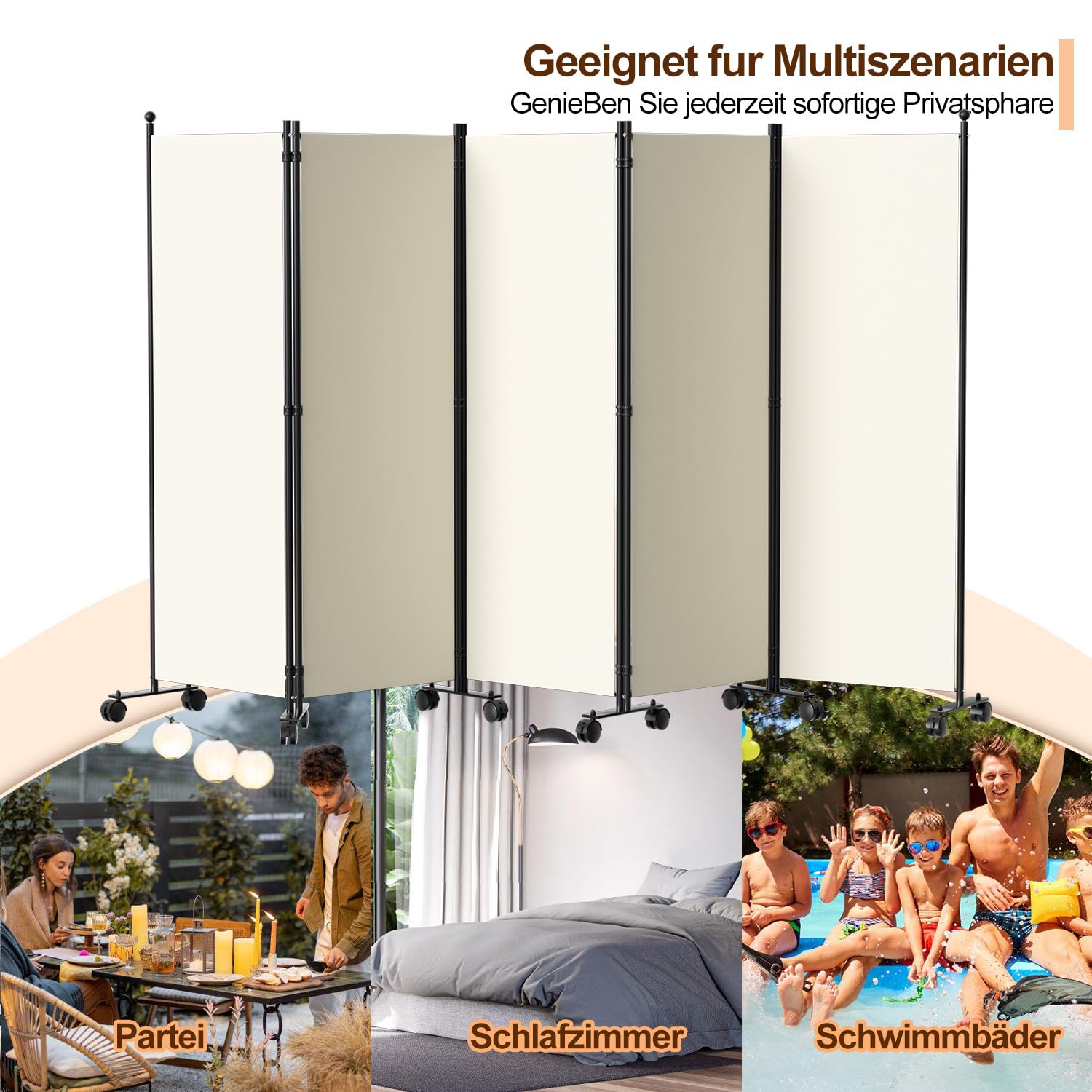 Paravent séparateur de pièce, pliable, autonome, en 5 parties, sur roulettes, brise-vue, cloison pour jardin, bureau, terrasse, 284 x 181 x 30 cm, blanc