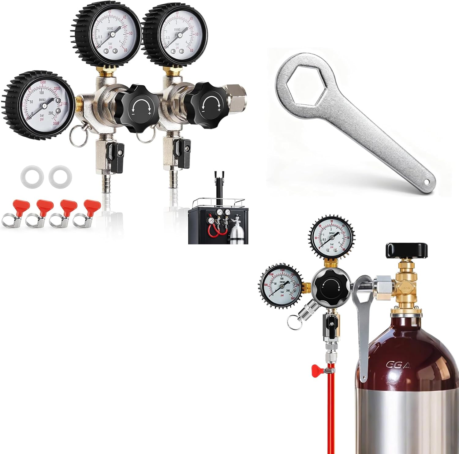 Dual Tap CGA-320 CO2 Regulator & CO2 Tank Wrench