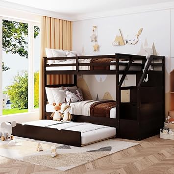 MERITLINE Twin Over Twin Bunk Beds with Trundle and Storage Box, Solid Wood Bunk Bed with Stairs and Storage Case for Teens Adults Espresso + Solid Wood