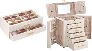 Lolalet Sunglasses Organizer and Beige 6 Layer Jewelry Box Bundle, Multi Eyewear Storage with Drawer, Clear Top Display, Lockable Design, Built-in Mirror, Large Jewelry Storage