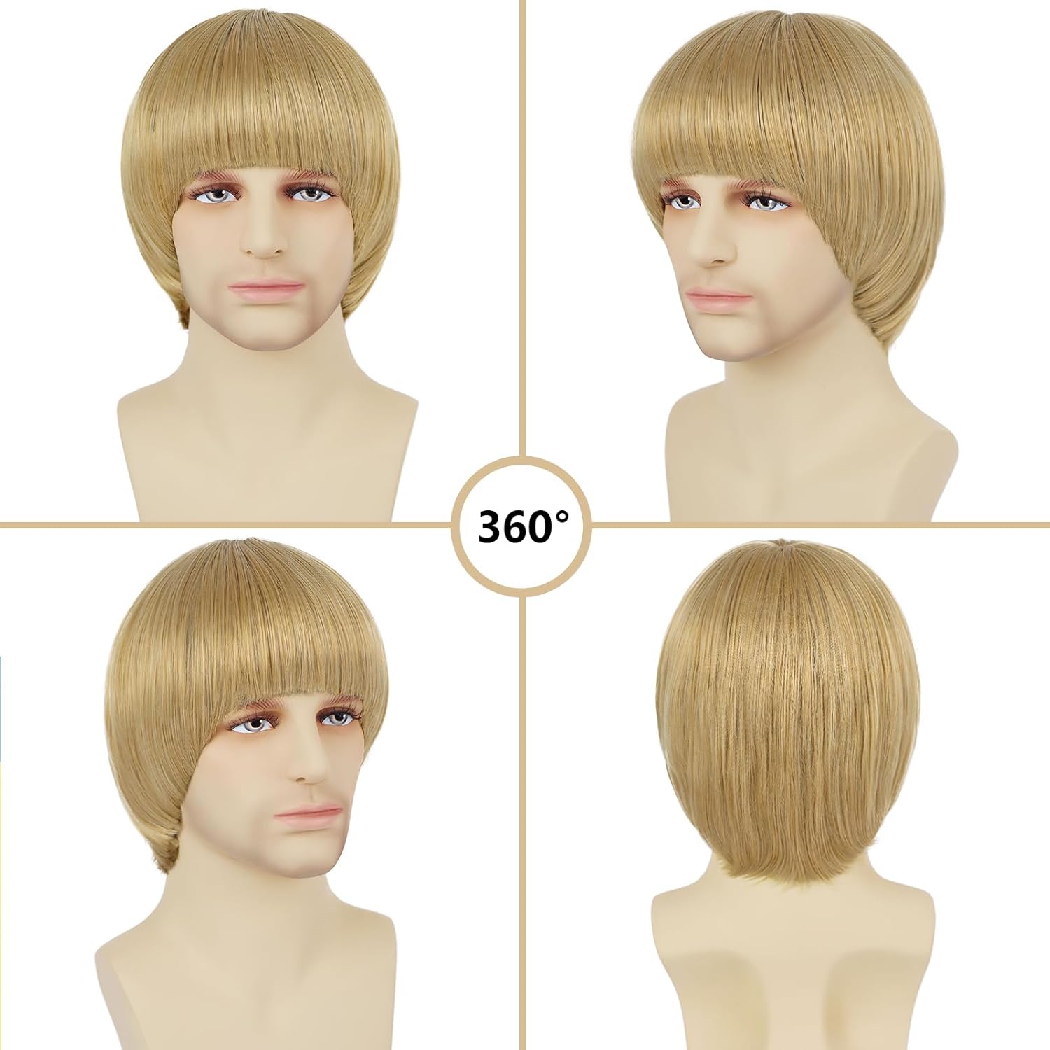 Blonde Mushroom Wig for Men Women Unisex Synthetic 60s Bowl Cut Wig with Bangs for Anime Characters Costume Halloween Cosplay Party (Blonde) - Image 3