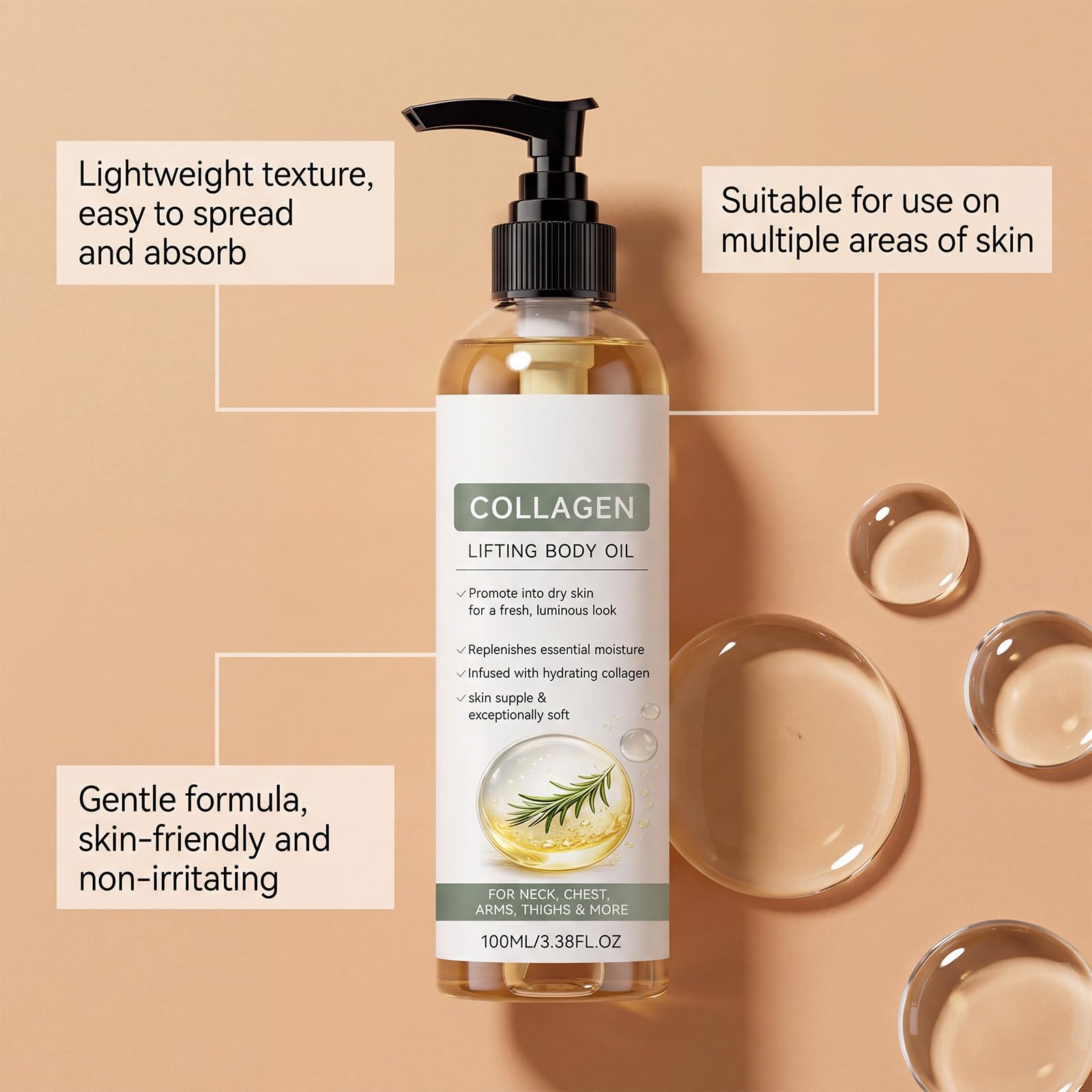 Olio per il corpo sollevante al collagene dopo la doccia, leggero e non grasso, per tutti i tipi di pelle, trattamento idratante anti-invecchiamento per donne e uomini, per una pelle più liscia e dura