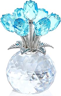 Ornalrist Crystal Light Blue Rose Flower Collectible Gifts for Women Her Wife,Glass Rose Bouquet Floral Paperweight Ornament Wedding Valentine's Mother's Day Anniversary Presents