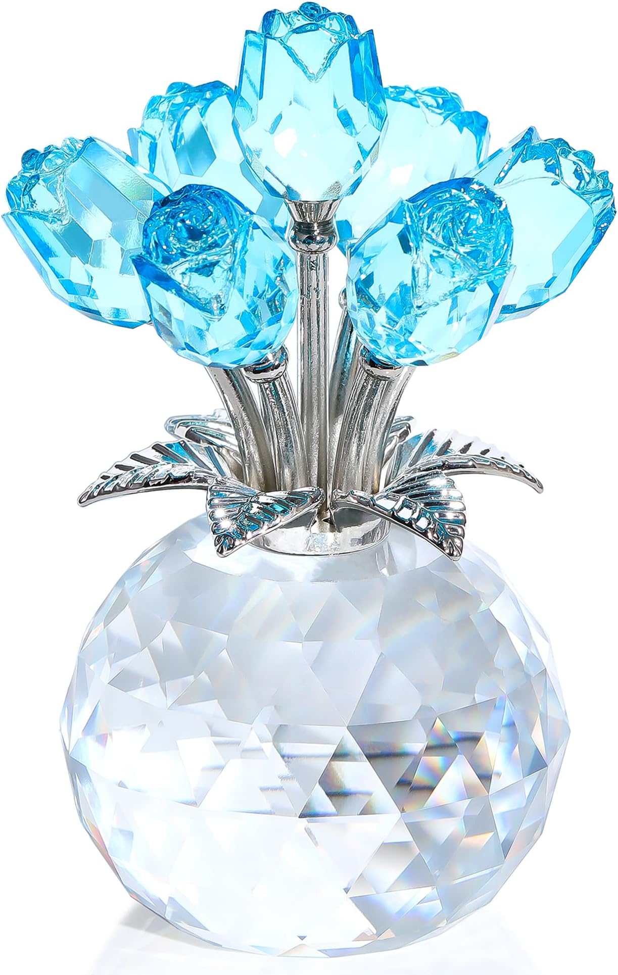 Ornalrist Crystal Light Blue Rose Flower Collectible Gifts for Women Her Wife,Glass Rose Bouquet Floral Paperweight Ornament Wedding Valentine's Mother's Day Anniversary Presents