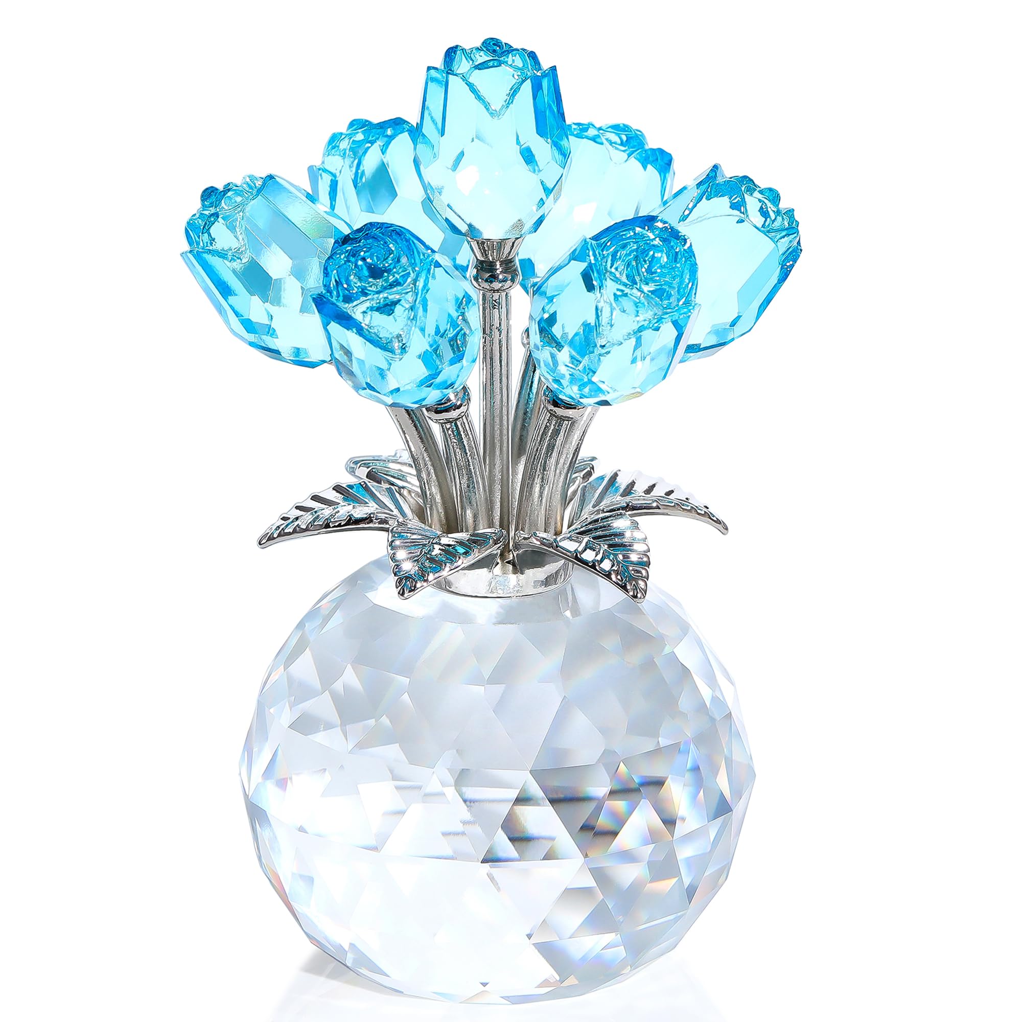 Ornalrist Crystal Light Blue Rose Flower Collectible Gifts for Women Her Wife,Glass Rose Bouquet Floral Paperweight Ornament Wedding Valentine's Mother's Day Anniversary Presents