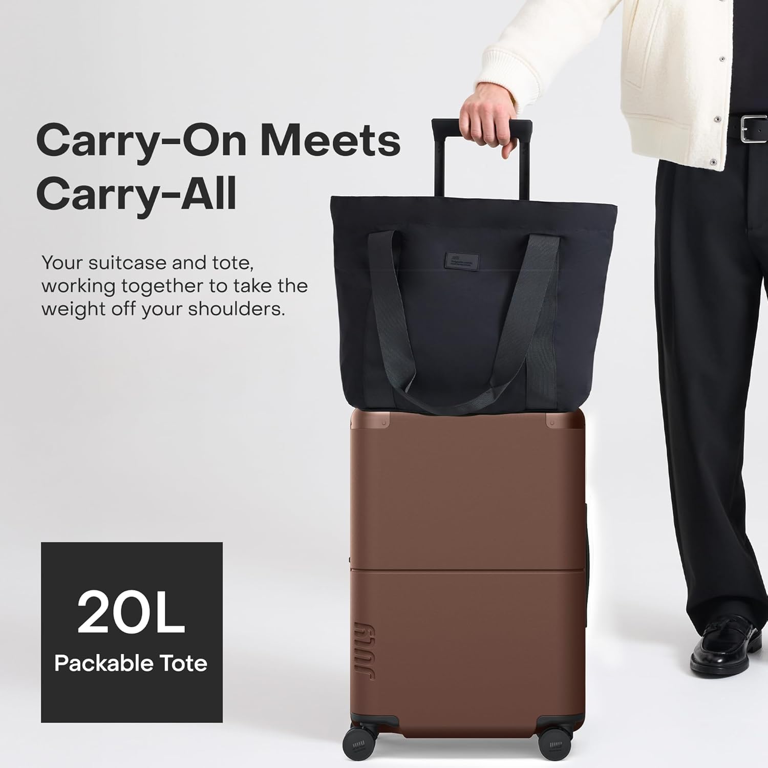 July Carry On Max Expandable - 21.5" Airline Approved Carry On Luggage with Travel Tote, Rolling Suitcase for Men & Women - TSA Lock Spinner Suitcase, Silent Wheels, Expansion Zip - Dark Brown