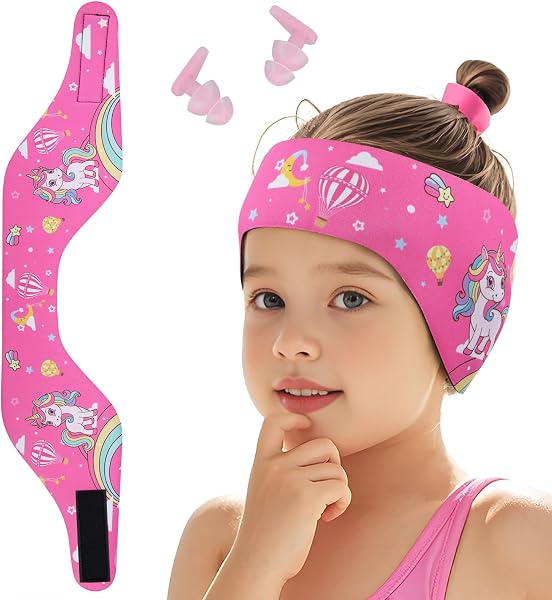 Bandeau de Natation Enfant, Bandeau Élastique avec avec Bouchons d'Oreille de Protection pour la Natation et Autres Sports Nautiques (Rose Bonbon, L) - 1