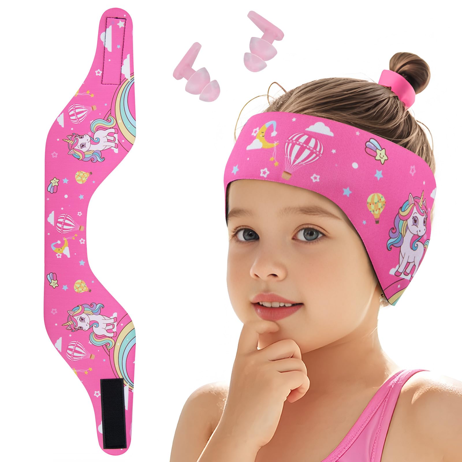 Bandeau de Natation Enfant, Bandeau Élastique avec avec Bouchons d'Oreille de Protection pour la Natation et Autres Sports Nautiques (Rose Bonbon, L)