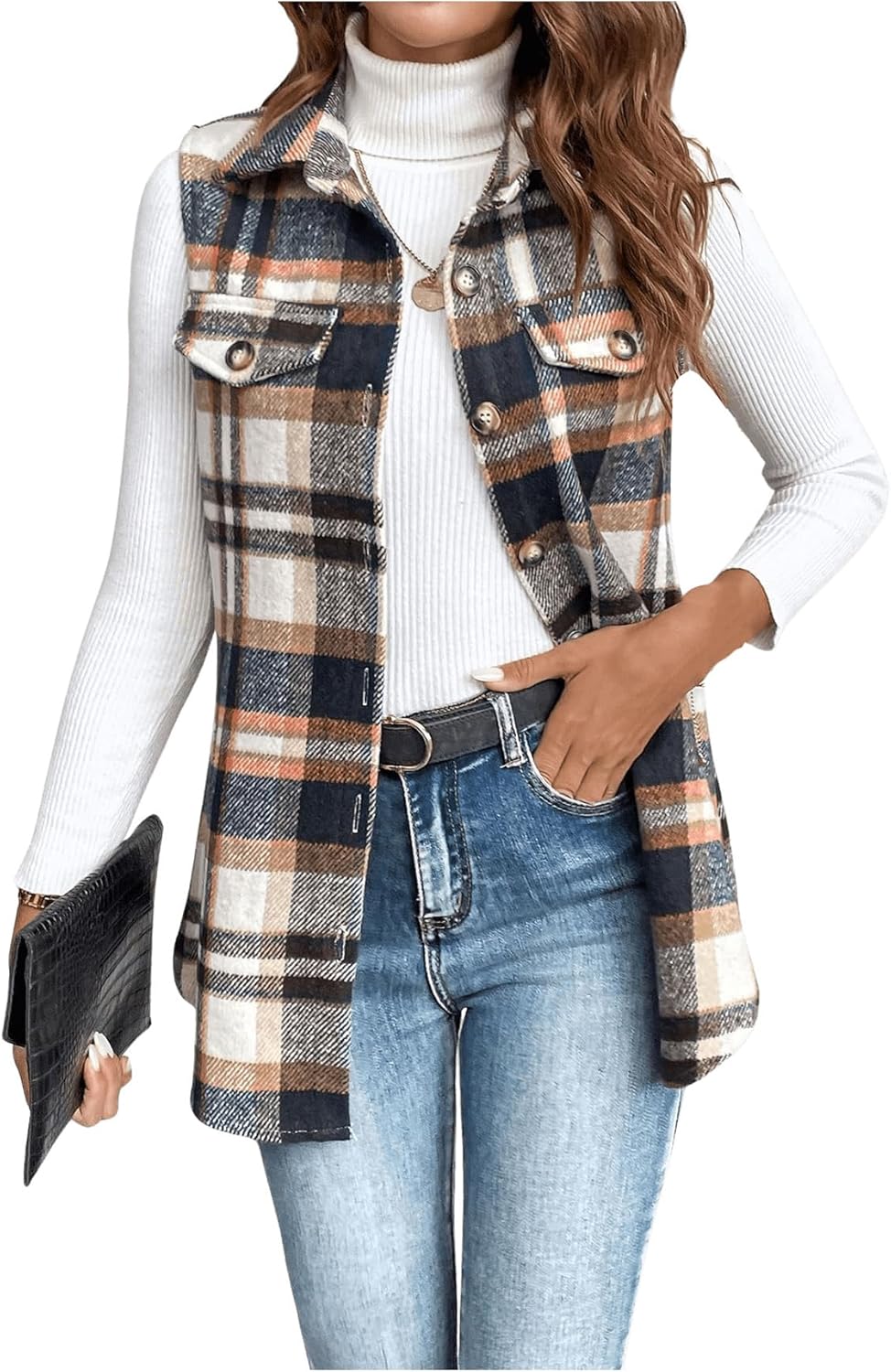 WDIRARA Women's Plaid Vest Button Down Sleeveless Shacket Jacket Collar Outerwear
