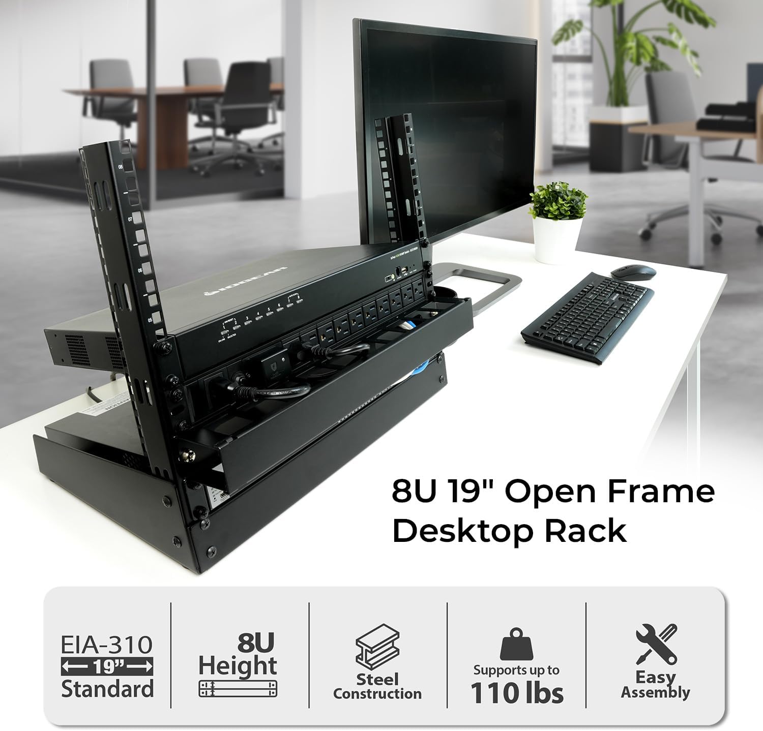 IOGEAR 8U 19" Open Frame Desktop Rack, 110 lb Capacity for AV/Network/Data/IT Equipment, GRDH8U