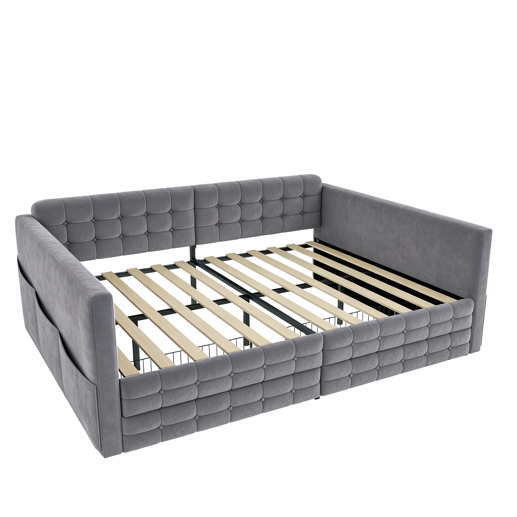 Łóżko tapicerowane, sofa z funkcją spania 140 x 190, klasyczny wzór w kratkę, schowki po bokach łóżka, dwie szuflady pod łóżkiem, dla gości lub jako pojedyncze łóżko, aksamitny materiał, szary