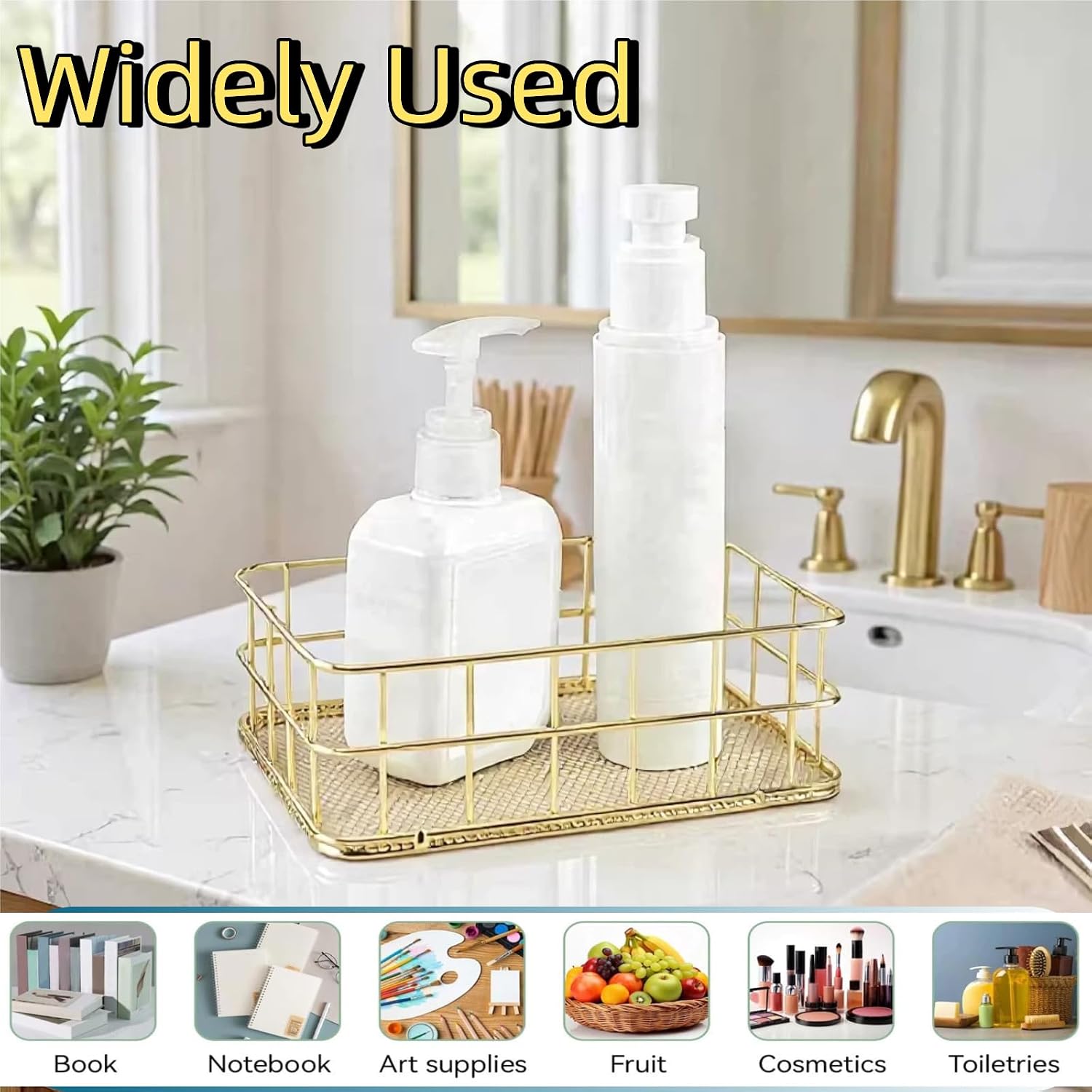 2Pcs Gold Basket Bathroom Gold Organizer Storage Basket For Decor Desktop Exquisite Vanity Dresser Ornament Office Stationery Home(Two sizes, one large and one small)