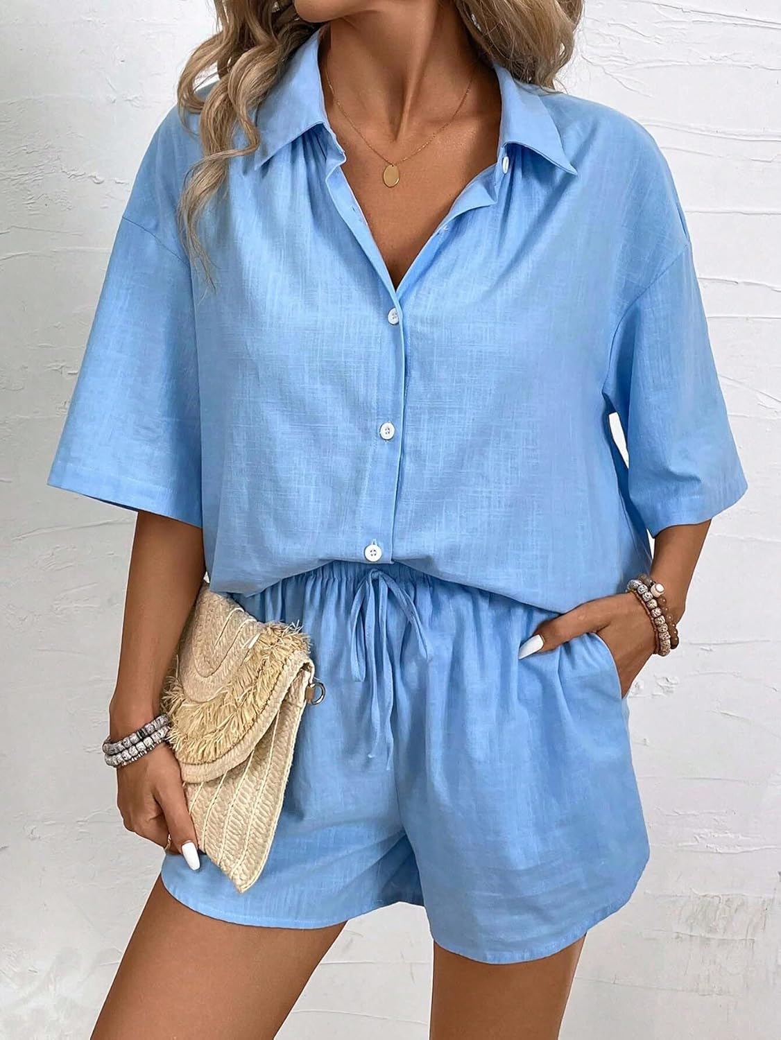 Women's 2-Piece Casual Short Sleeve Shirt Set Oversized Outfit For Spring Summer And Fall