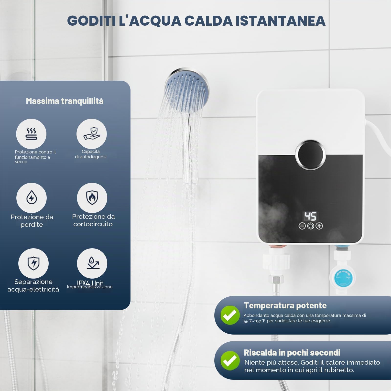 Scaldabagno Istantaneo Elettrico 6000W con Doccetta, Mini Scaldacqua a Cascata con Touchscreen LED per Cucina e Bagno, Classe A, in Acciaio Inox