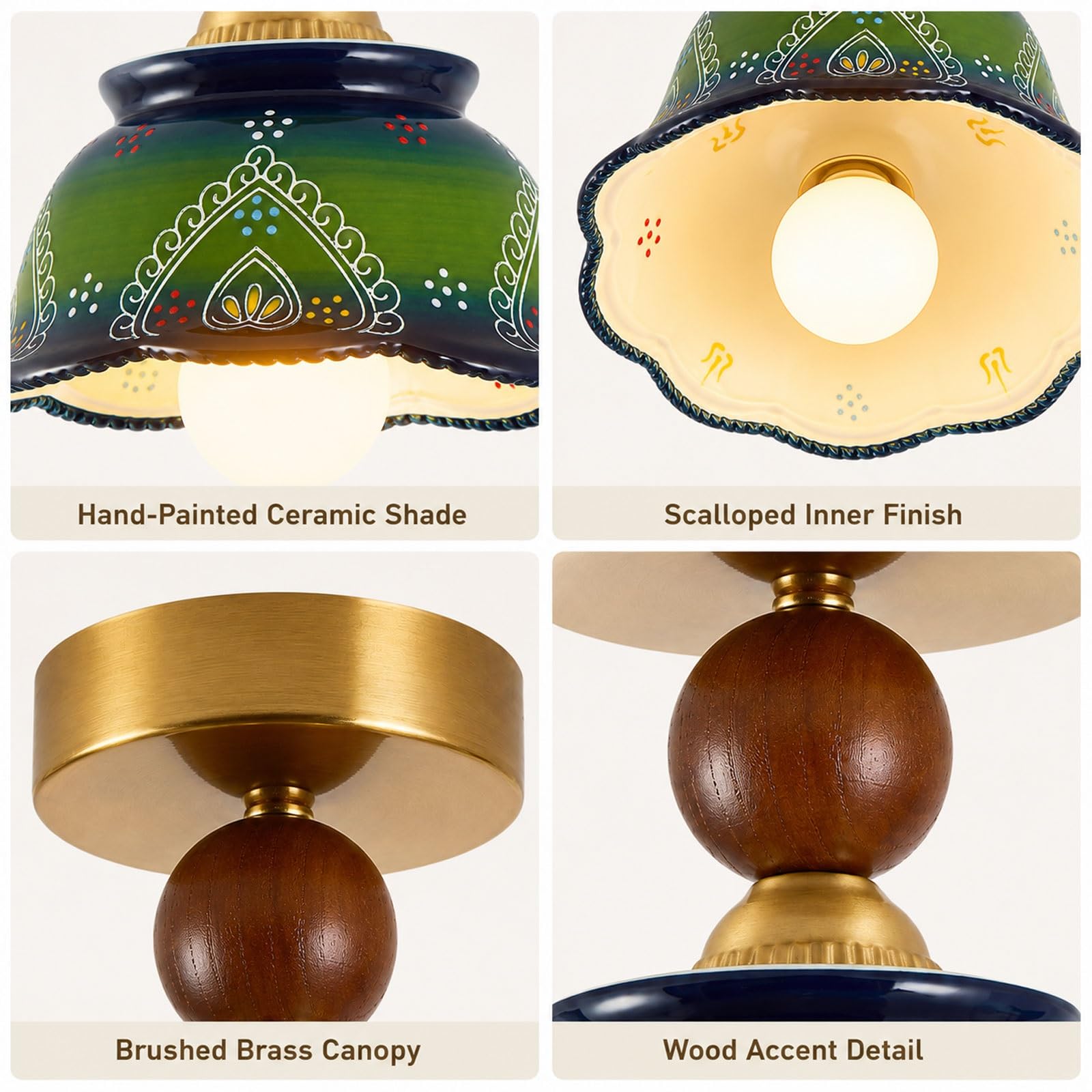 Zielona ceramiczna lampa sufitowa, zabytkowa oprawa sufitowa do montażu podtynkowego