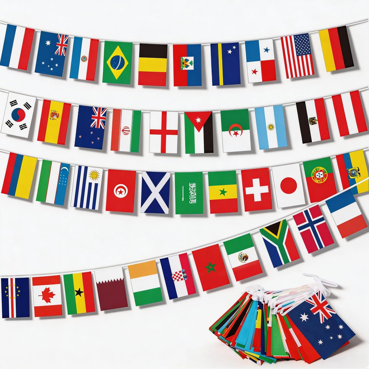 Photo 1 of 100 Countries String Flag Banner, 98Ft International World Flags Bunting, Durable Polyester Pre-Strung World Flag Banners for Olympics, World Cup, Party Decorations, Classroom, Sports Events, Gym, Bar