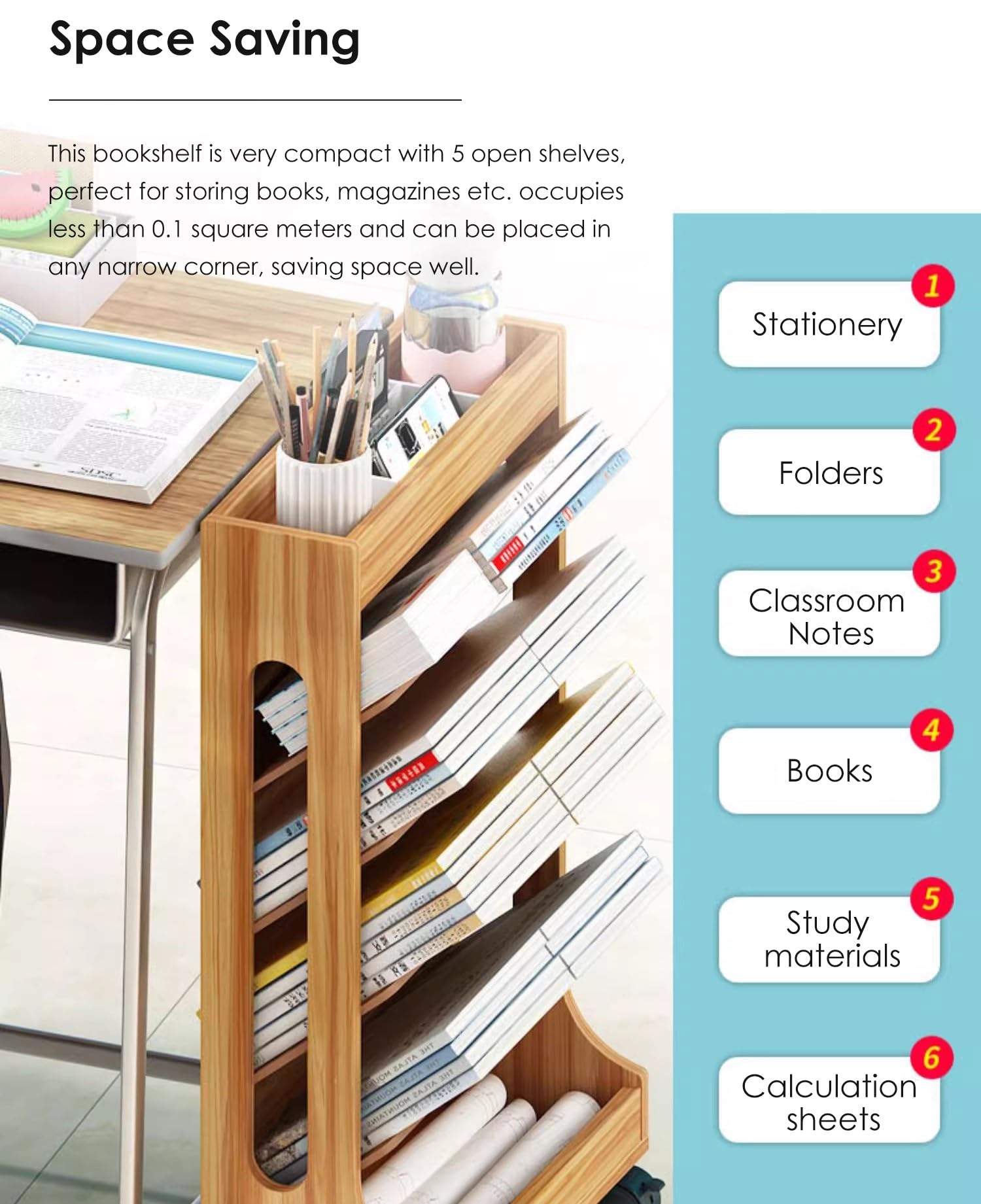 Wąski narożnik Boohelf do klasy le Desk nizer z 4 kółkami oszczędzający miejsce stojak do czytania w bibliotece idealny do wąskich przestrzeni i czasopism.