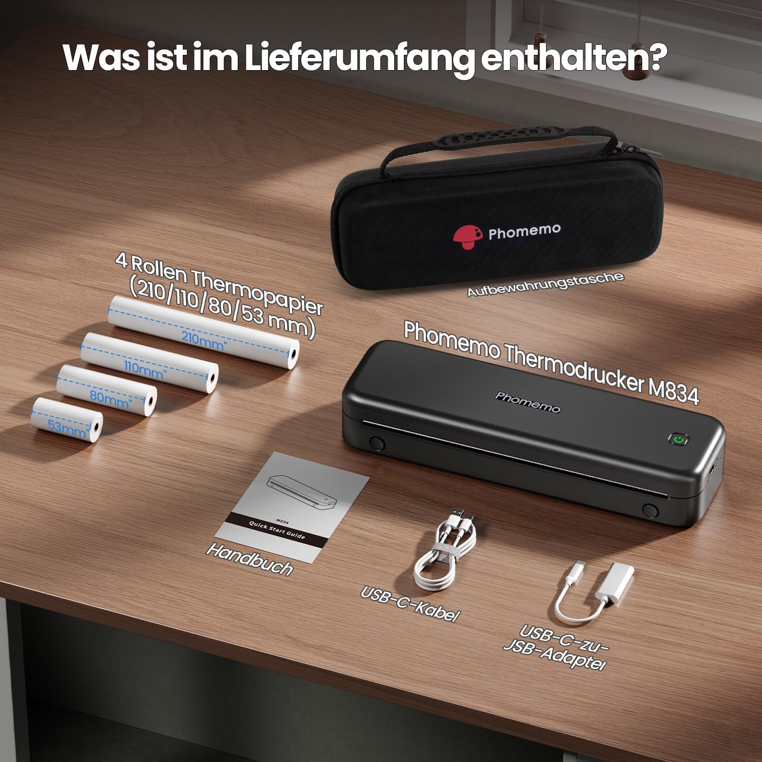 Phomemo M834 Thermodrucker A4, Mobiler Drucker A4 für Unterwegs, Büro, Schule, Zuhause, Kompatibel mit Smartphones und Computern, Tragbarer Drucker mit Tragetasche und 4 Rollen Thermopapier, Schwarz