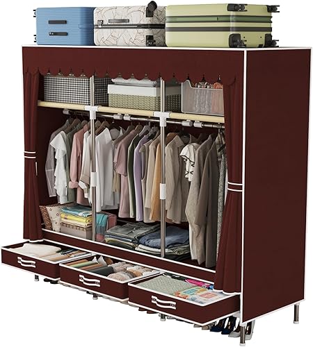 Armario portátil, marco de metal con funda de vellón cardenal, 3 postes para colgar, 3 cajones, 3 armarios, armario portátil con cajón, organizador