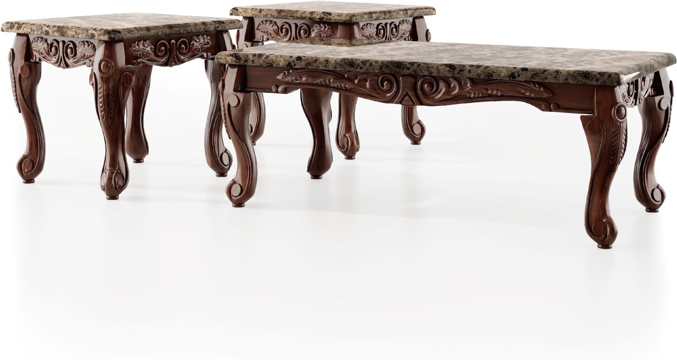 Furniture of America Beltran 3-Piece Traditional Faux Marble Top Accent Tables Set, Dark Oak