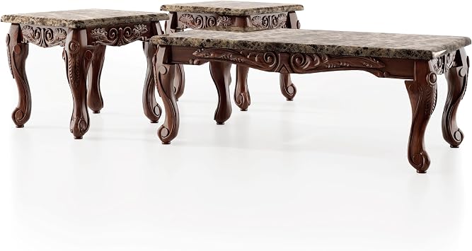 Furniture of America Beltran 3-Piece Traditional Faux Marble Top Accent Tables Set, Dark Oak