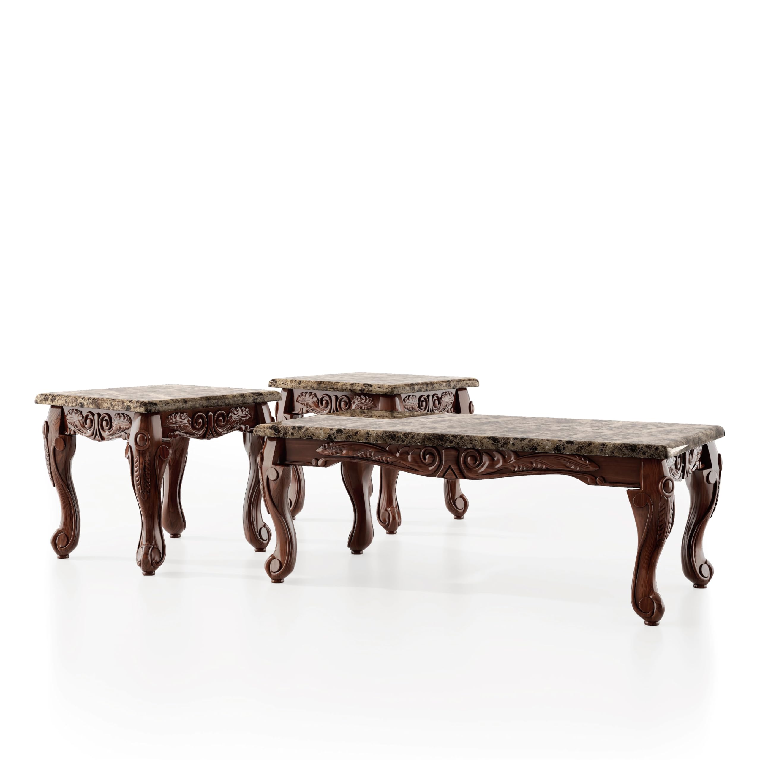 Furniture of America Beltran 3-Piece Traditional Faux Marble Top Accent Tables Set, Dark Oak