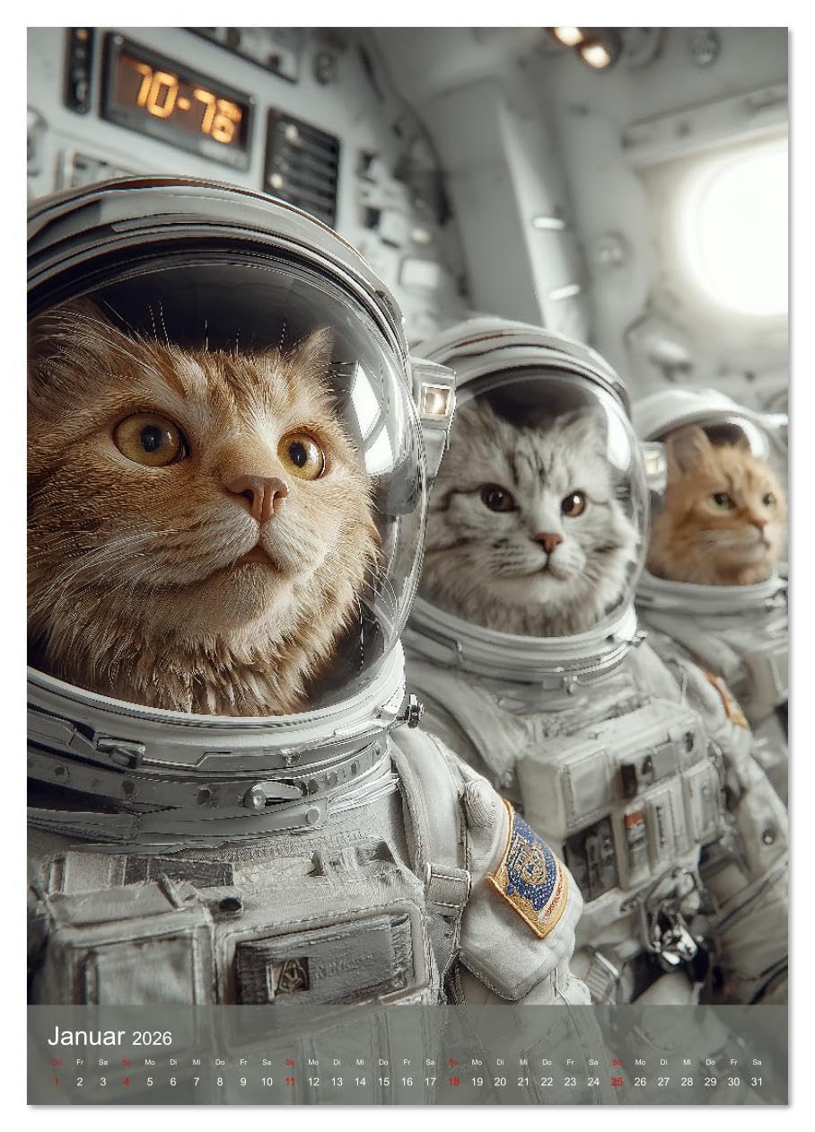 Katzen im Weltall - lustiger Katzenkalender für Kinder, Familien und Katzenliebhaber (hochwertiger Premium Wandkalender 2026 DIN A2 hoch), Kunstdruck ... und Katzenbesitzer. (CALVENDO Tiere)