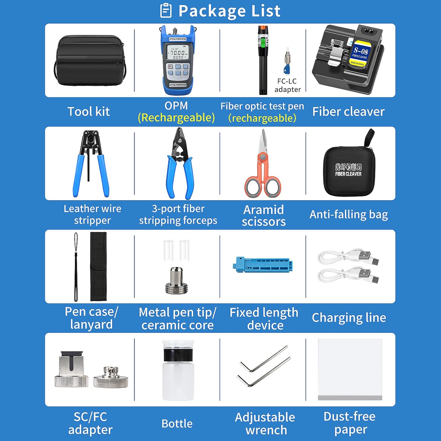 fiber optic terminal kit 10-in-1 ftth tool kit equipped with s-08 optical fiber cleaver and rechargeable optical power meter a-c710a (-70~+10dbm) well as stripper fibre tool kit