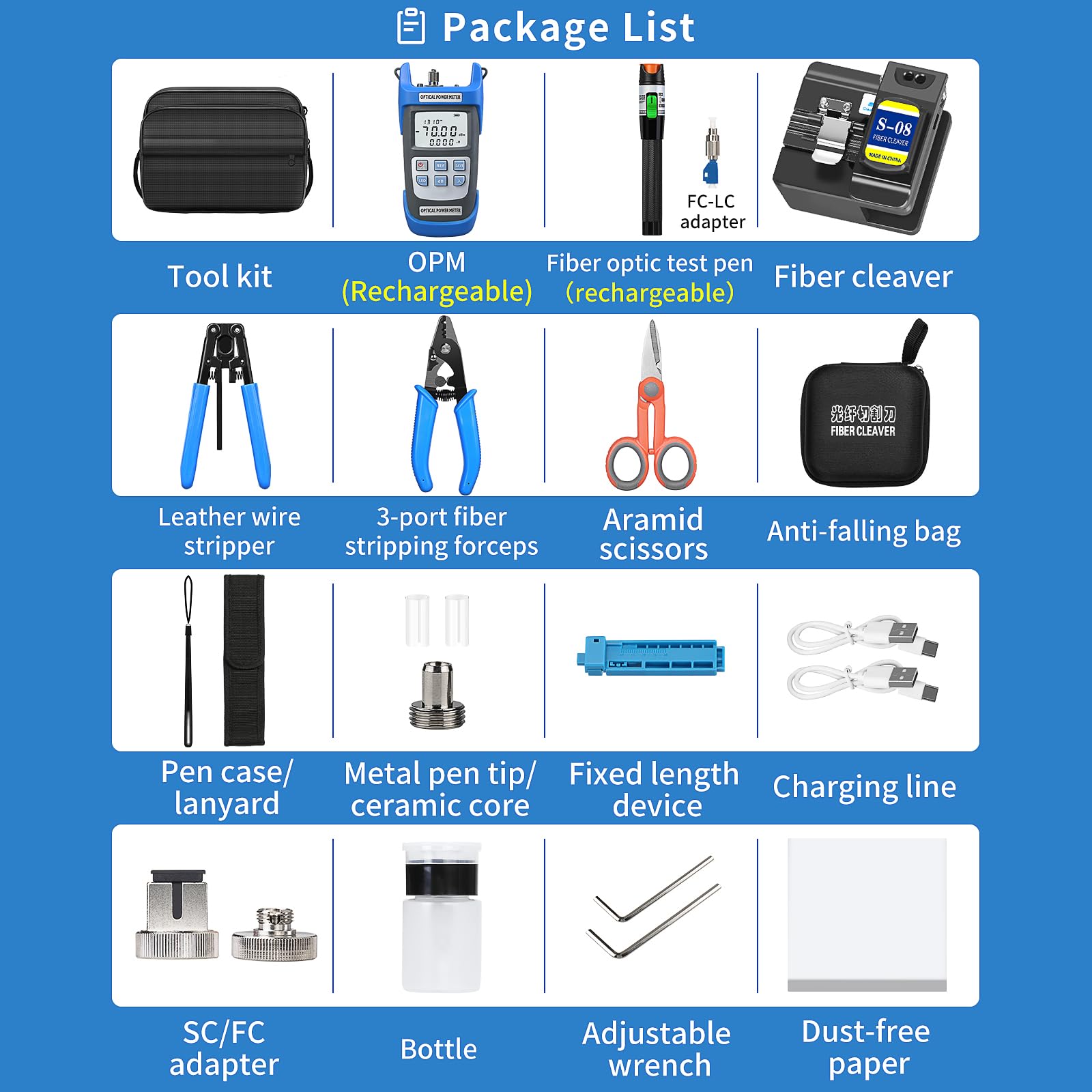 FTTH - Kit de terminales de fibra para soldadura en frío y caliente S-08 con carga azul A-C710A medidor de potencia óptica -70~+10dbm equipado con kit de herramientas de fibra óptica recargable