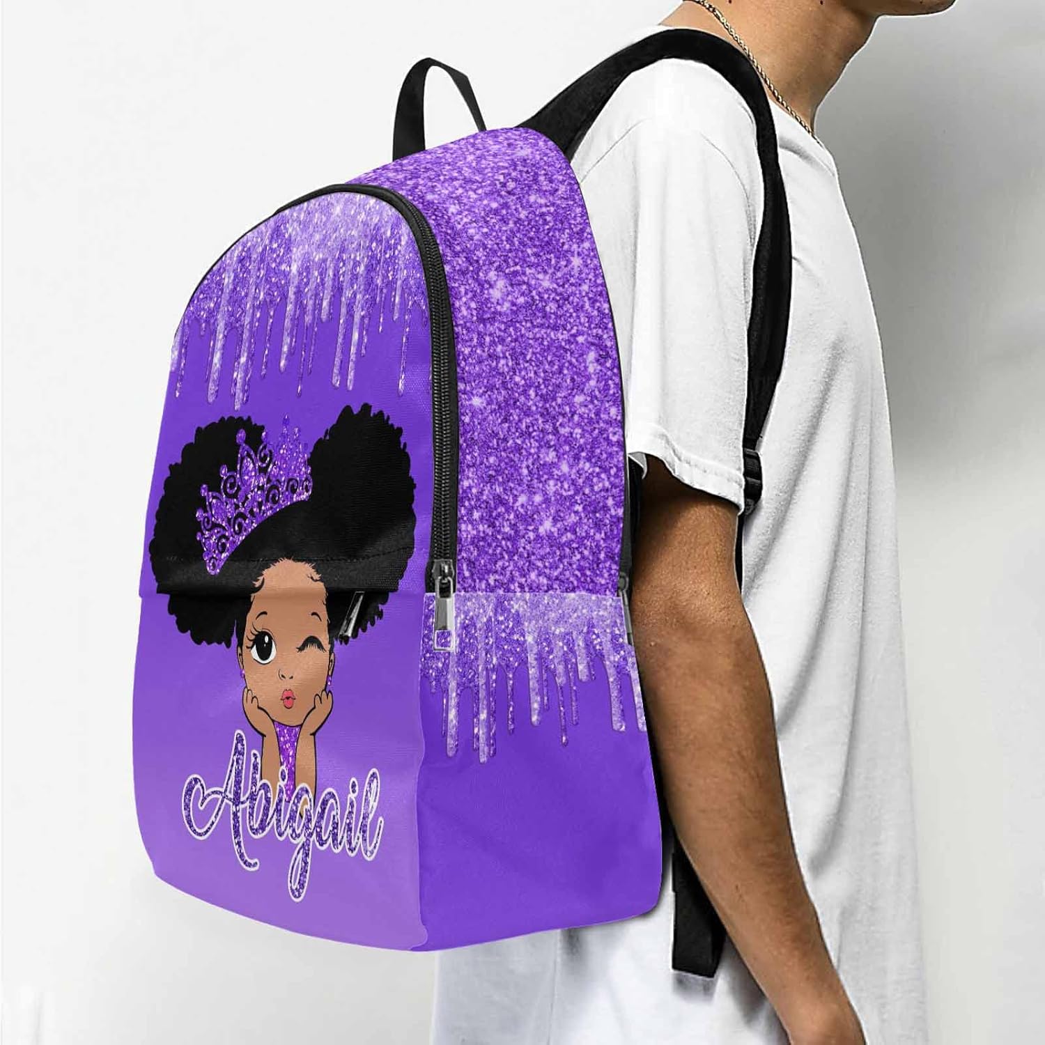 Custom with Your Name Backpack Peekaboo Girl Purple Personalized Lightweight Book Bag for Teens Travel Hiking Camping Daypack