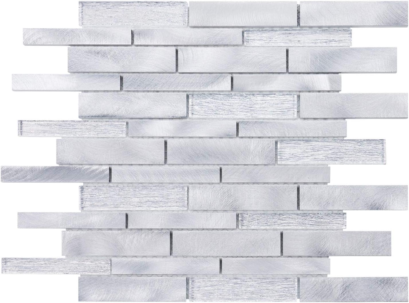Modket TDH487AL-5 Silver Aluminum Metallic Metal Infused Crystal Glass Linear — 5 Pack Modern Mosaic Tile Backsplash Kitchen Bath Bathroom Shower Interior Wall