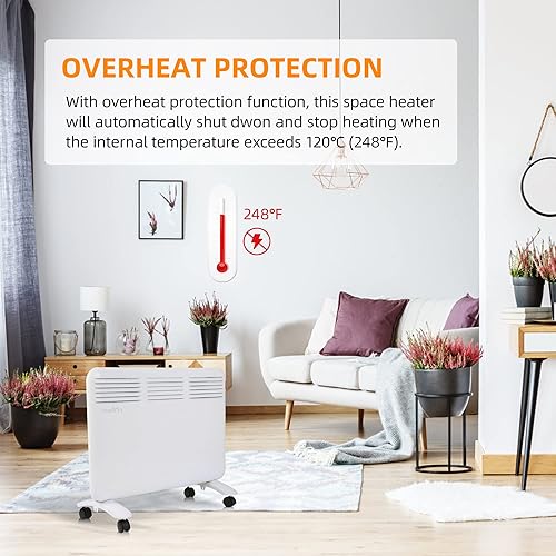 Miniatura 5 de Calentador de espacio, calentador de espacio de panel de convección, 1000 W, montado en la paredindependiente, silencioso con termostato ajustable,
