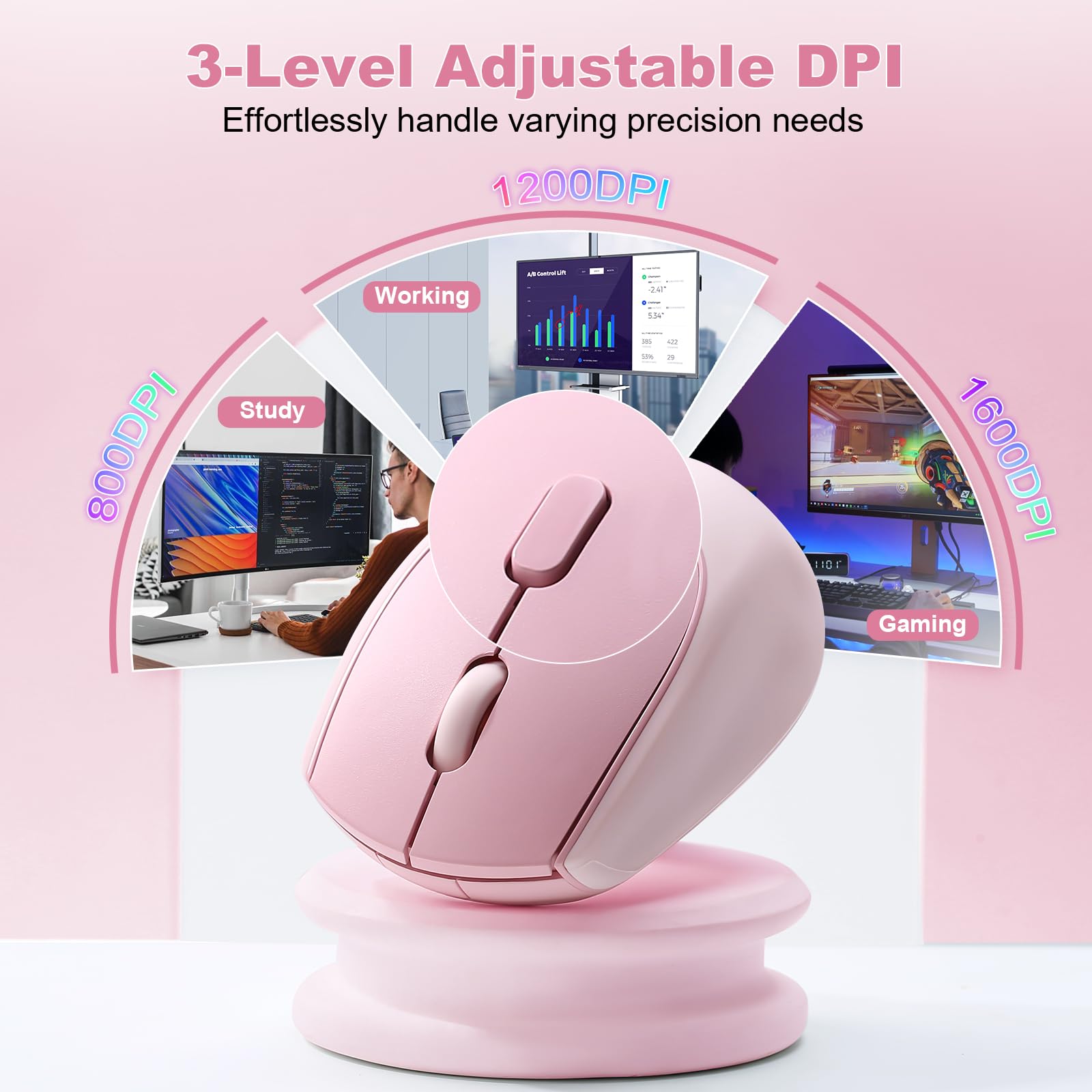 YUNZII C2 Bezprzewodowa Mysz do Gier, 2,4 GHz Słodka Silikonowa Bezprzewodowa Mysz Komputerowa, Ciche Kliknięcia, 3 Regulowane DPI, Przenośne Myszy Ergonomiczne dla Laptopa/PC/Mac (Różowy)