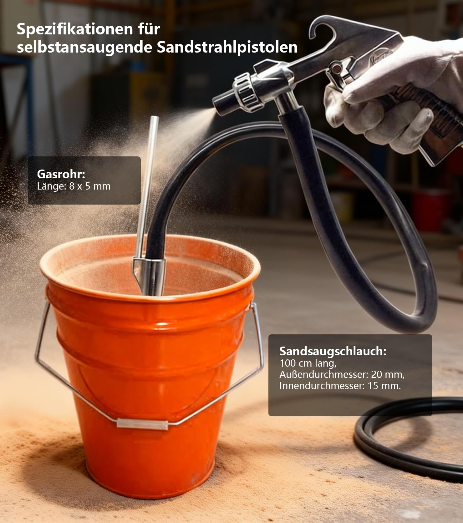 Sandstrahlpistole Druckluft Set, Sandstrahlgeräte mit langer Düse, 5mm/6mm Kaliber, Saugförderer, 1M Gummischlauch, Lufteinlassanschluss, Entfetter und Strahlmittel für Oberflächenbehandlung