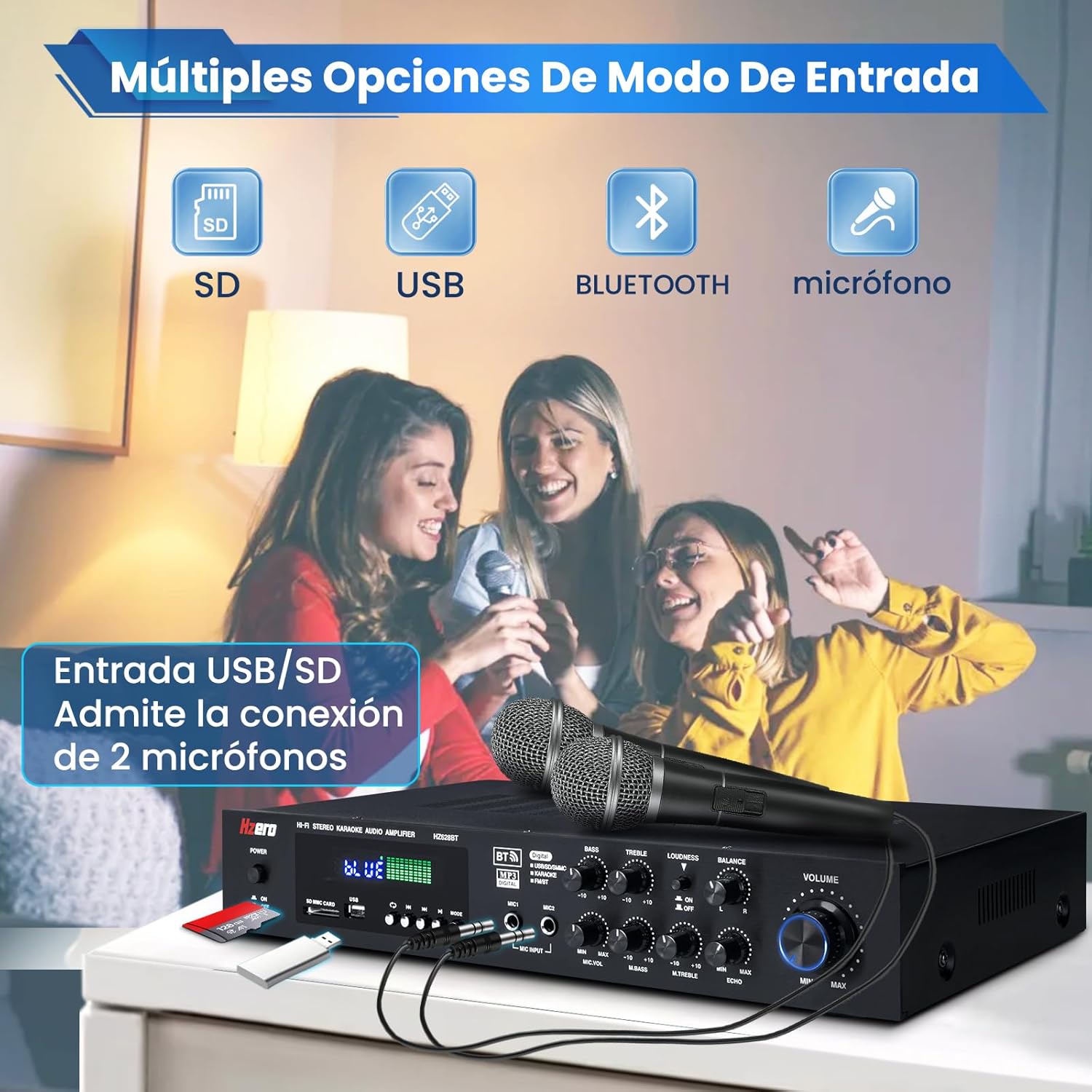 HZERO HZ-628BT amplifier showing USB and SD card inputs