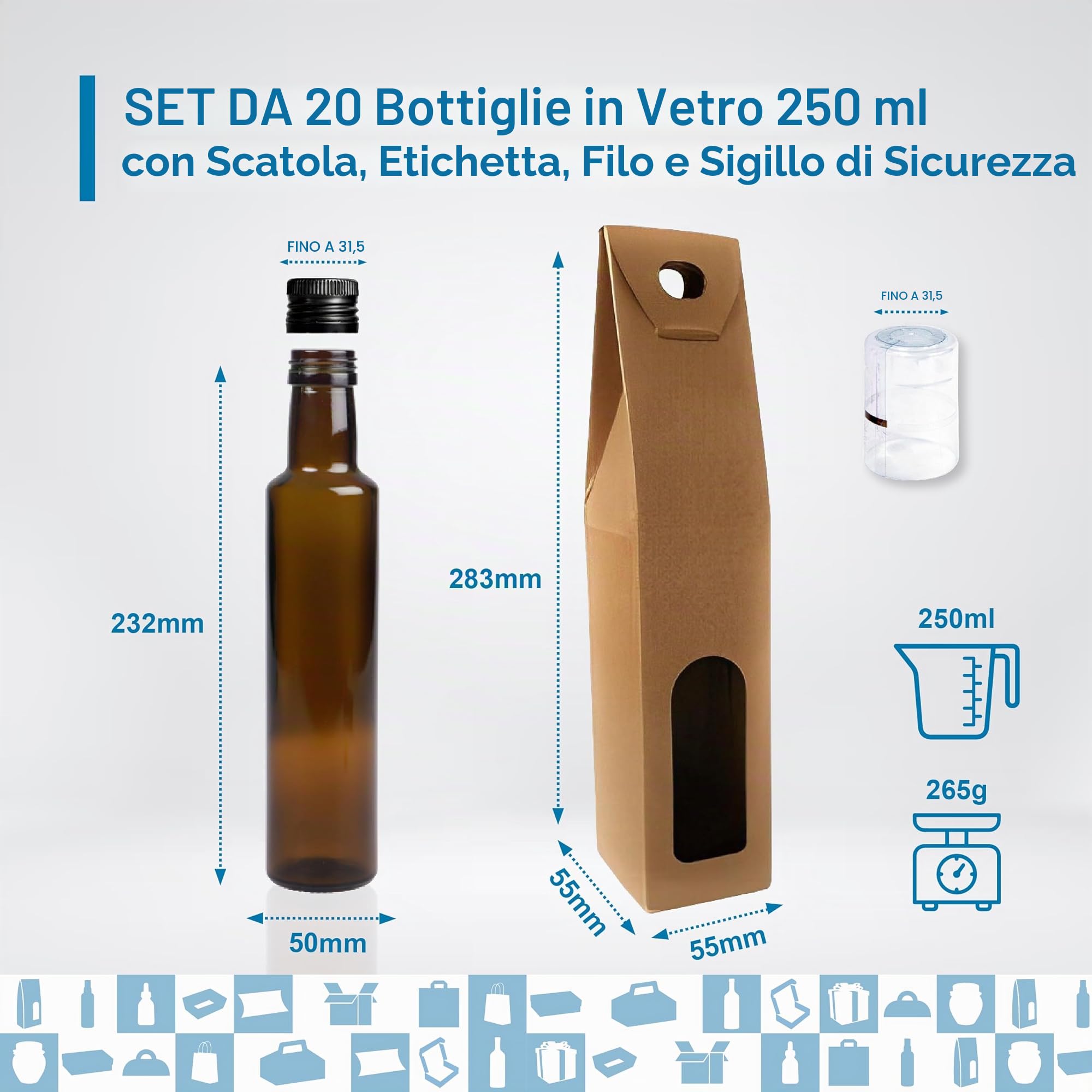 Set 20 Bottiglie di Vetro Scuro 250 ml con Tappo Nero + 20 Scatole, 20 Sigilli e 20 Etichette – Oliera Regalo per Olio e Aceto | Espirito Rebelde