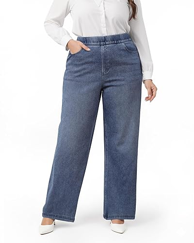 Wide Leg Pull On Jeans Womens High Rise Stretchy Jeans