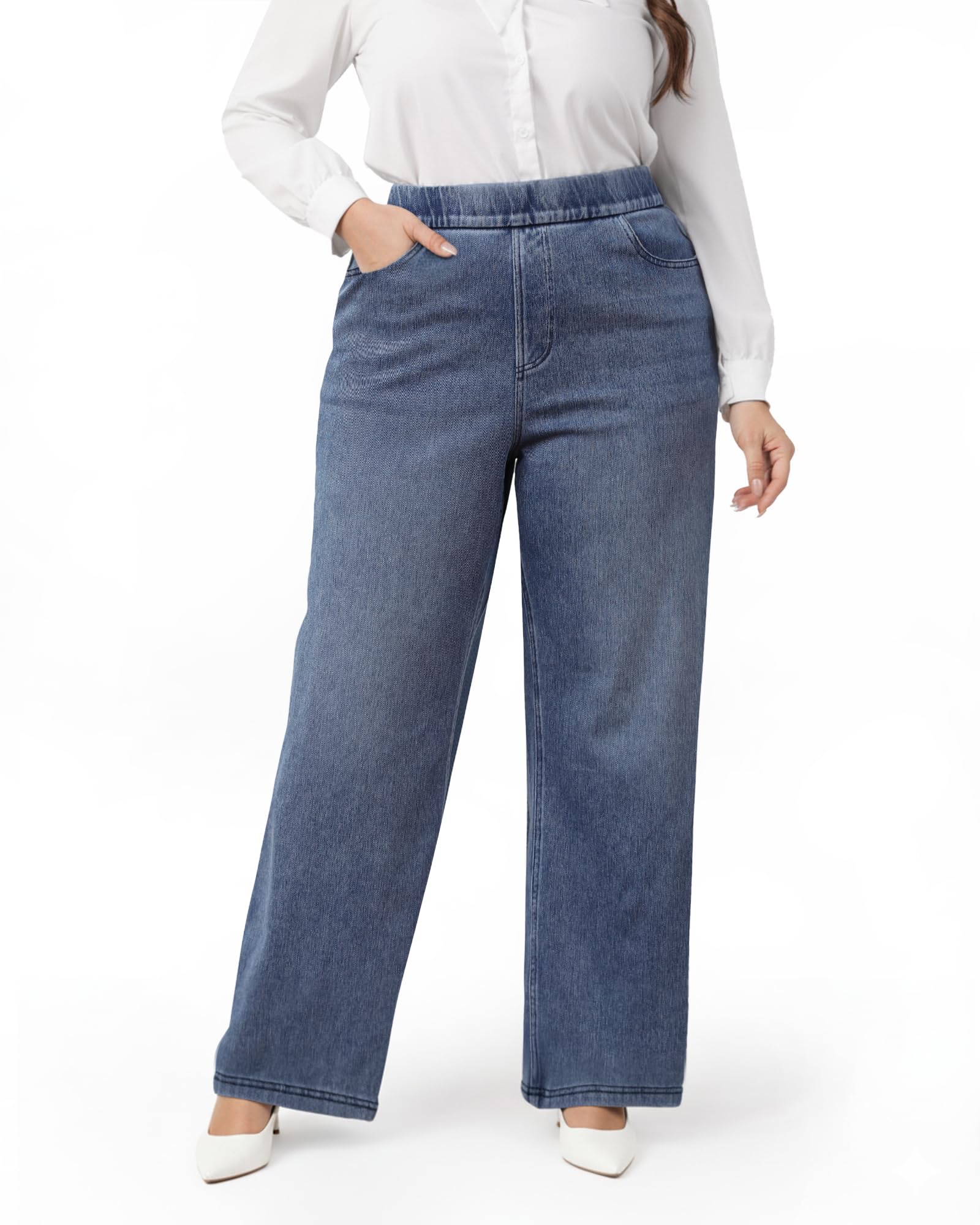 TONIRY Wide Leg Pull On Jeans Womens High Rise Stretchy Jeans Denim Pants with Elastic Waist Tummy Control