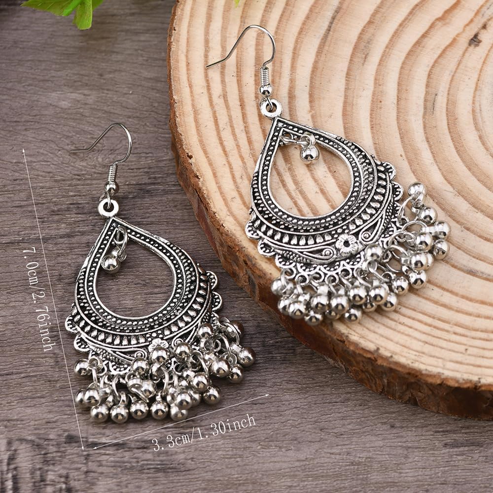 Boho Teardrop Ball Tassel Statement Dangle Earrings for Woman Teens Vintage Beaded Chandelier Drop Dangling Earring Lightweight Indian Bollywood Jhumka Festival Holiday Jewelry - Image 6