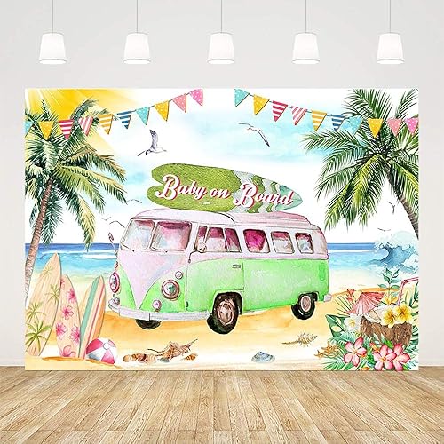 Miniatura 2 de Telón de fondo para baby shower de bebé a bordo de 7 x 5 pies para niña, verano, tropical, floral, mar, playa, baby shower, fotografía, fondo, surf,