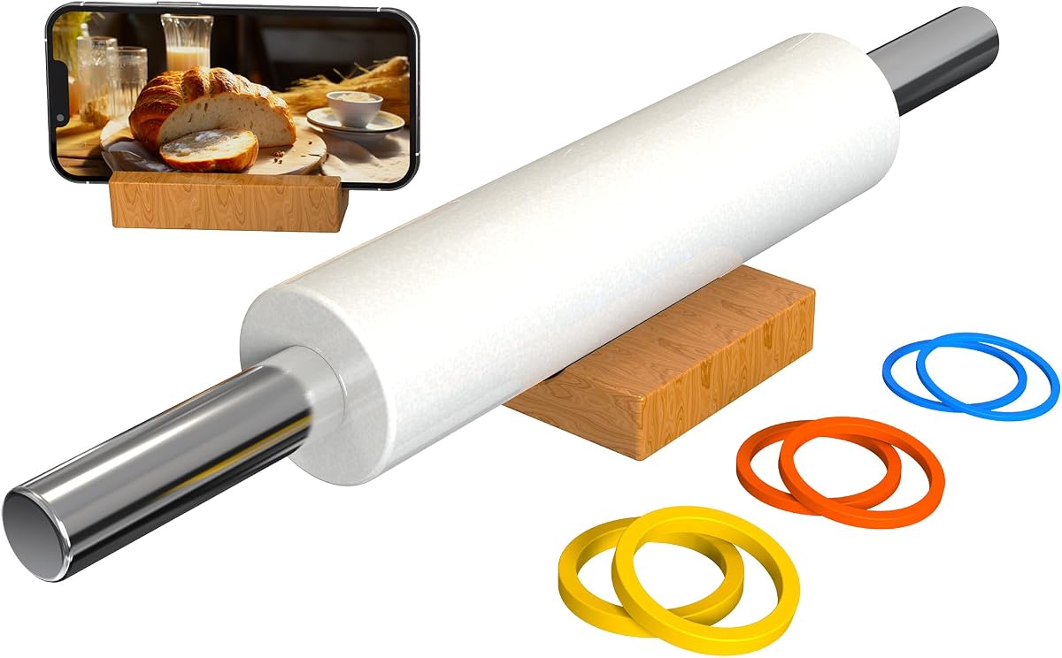Rodillo de mármol de 18,5 pulgadas, mangos de acero inoxidable, anillos y soporte de 3 espesores | Control uniforme del espesor de la masa, rodillo Mepple ideal para hornear fondant, pizza, masa de tarta, galletas, pasteles y más