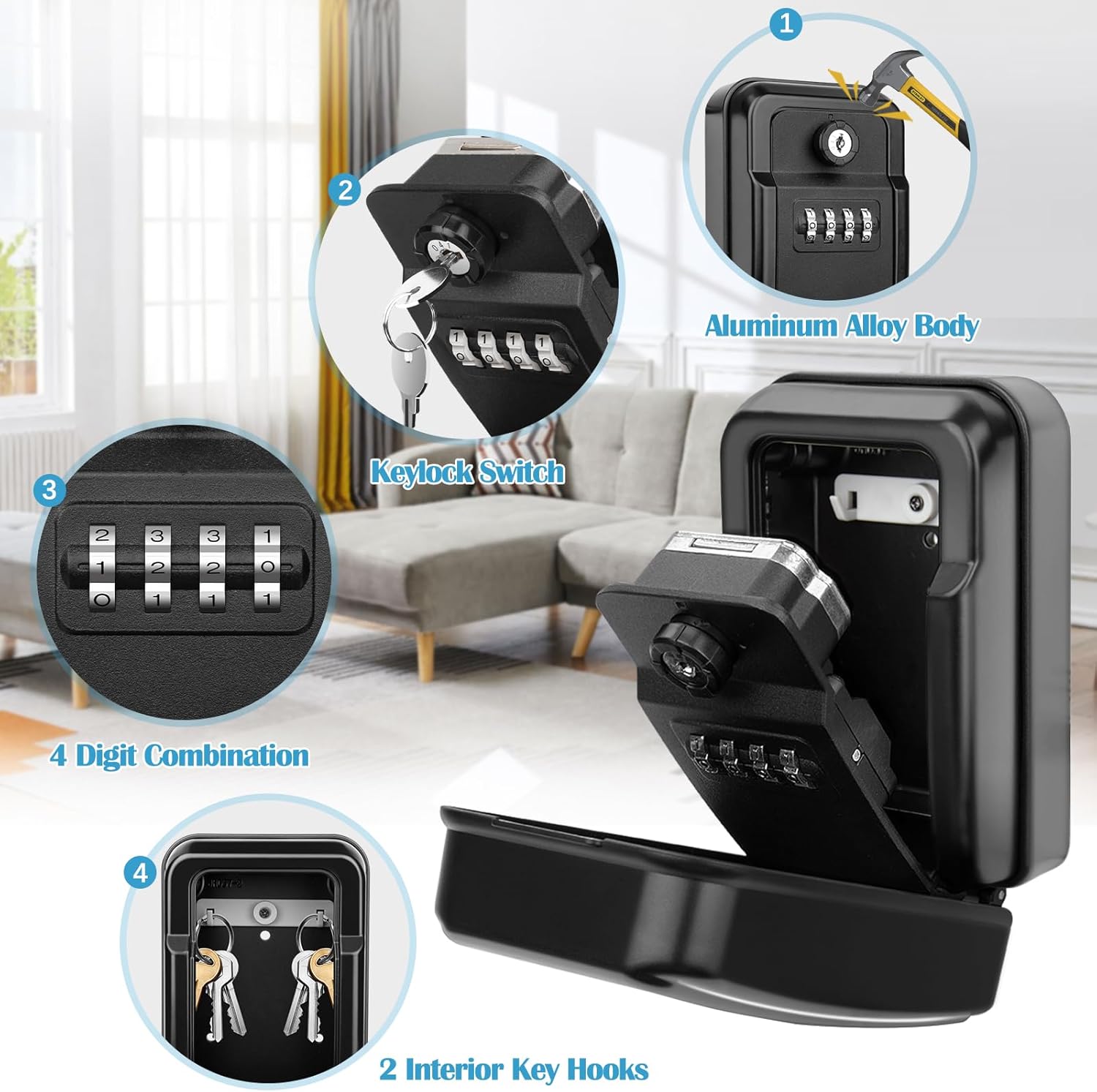 Key Lock Box for Outside with Keys, Resettable 4-Digit Combination Lockbox for House Keys Sturdy Waterproof Large Capacity Wall Mount Security Key Box for Outdoor Home Office Realtor