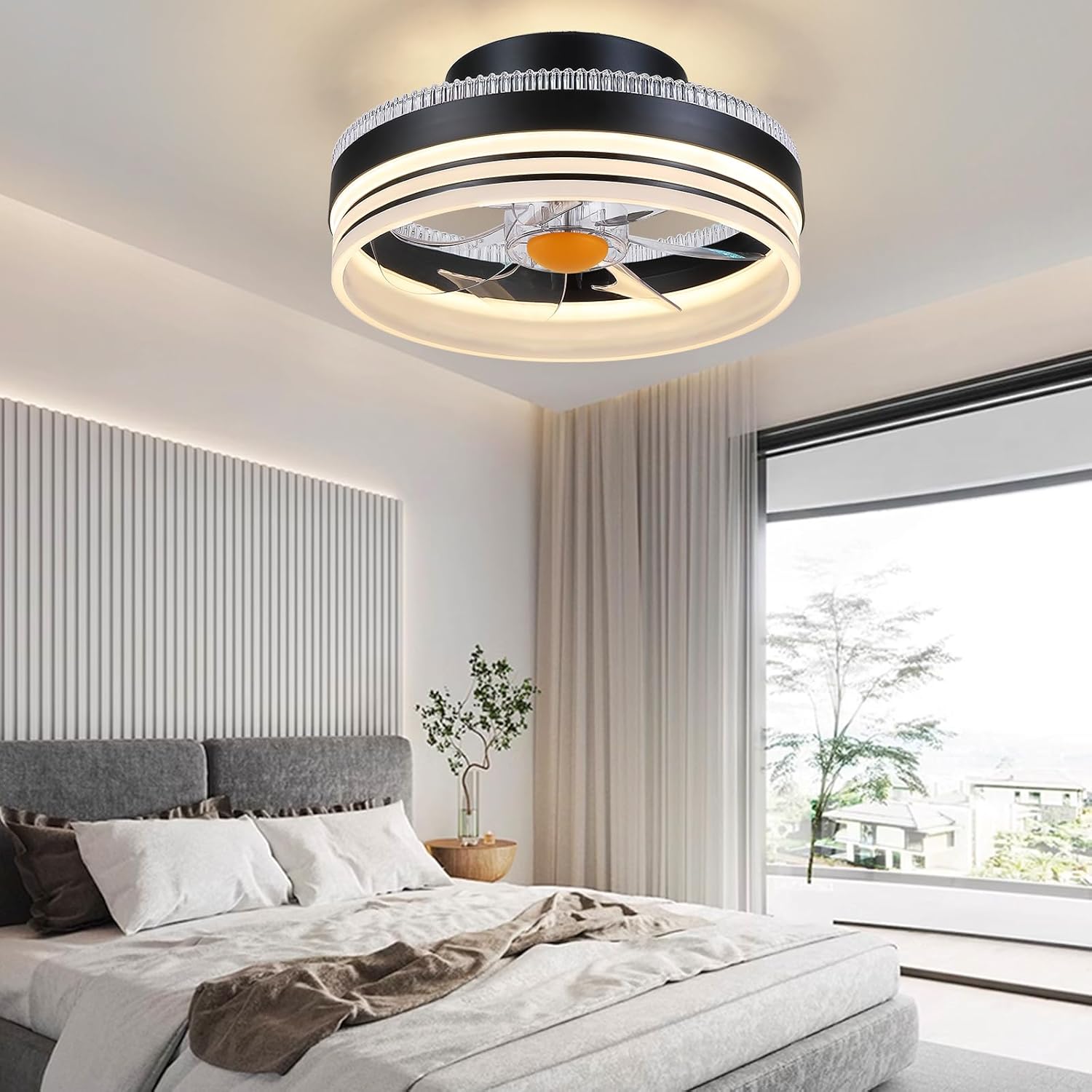 Mpayel RGB Ceiling Fans with Lights, 13" Low Profile Ceiling Fan with Light and Remote, 3000-6000K Dimmable Modern Black Flush Mount LED Fan Light for Bedroom, Living Room, Kitchen
