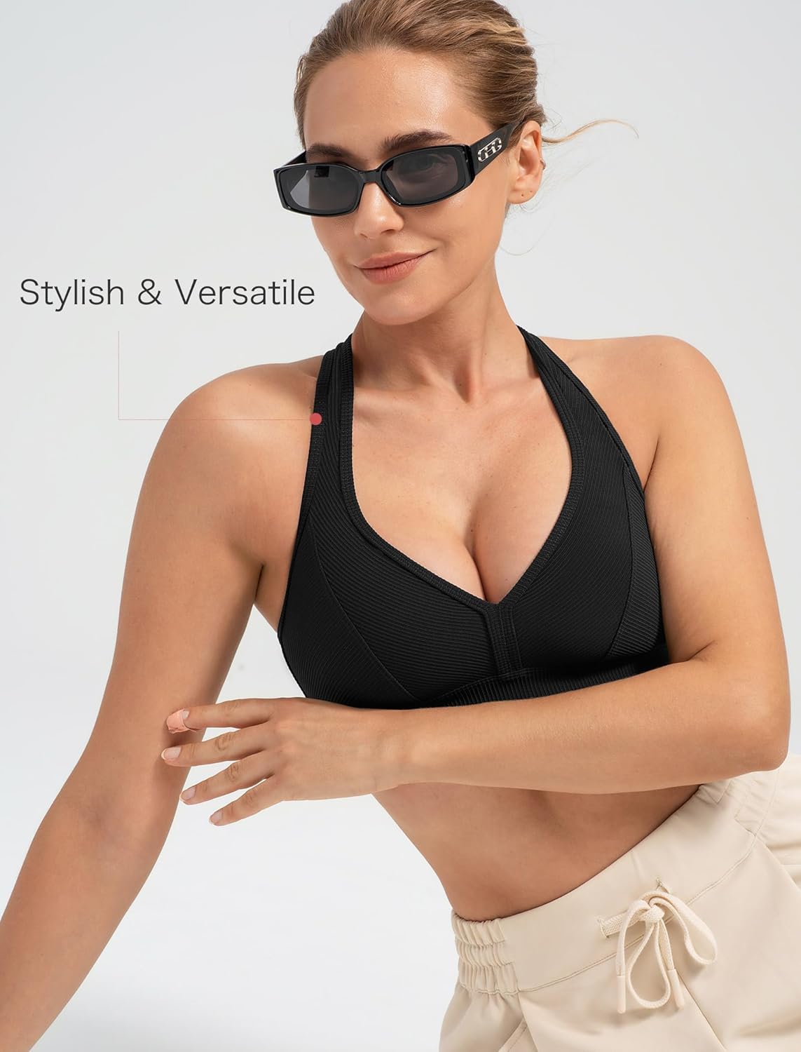 Yvette Sports Bra Sexy V Neck Yoga Bra Cross Back Light Support Wide Straps with Built-in Pads - Image 4