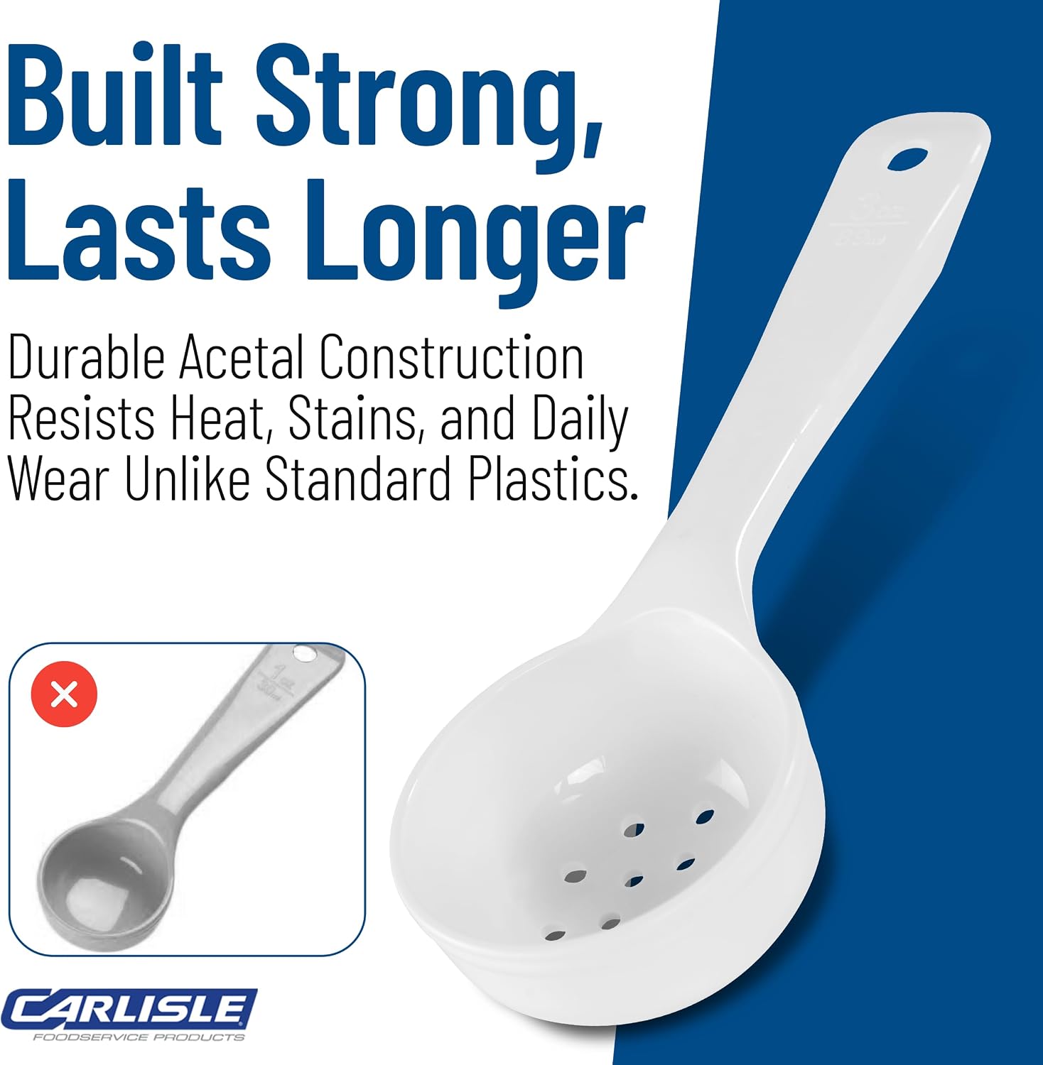 Carlisle FoodService Products 8" 3 oz Perforated Portion Control Spoon – Short Handle spoon – Flat Bottom spoon, Dishwasher Compatible, White