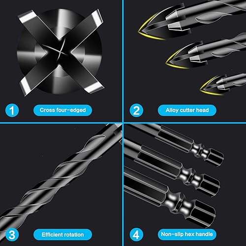 Miniatura 4 de Juego de 5 brocas para hormigón de mampostería para azulejos, ladrillos, vidrio, madera, plástico, punta de carburo de tungsteno, vástago hexagonal,