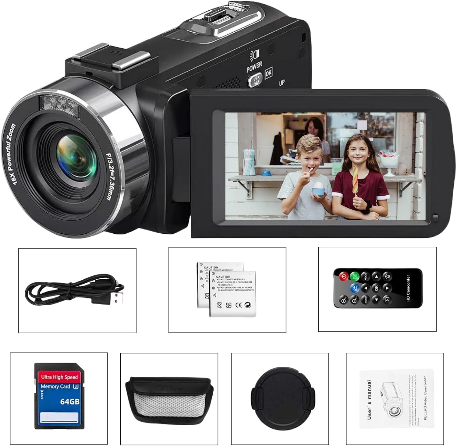 Video Camera 4K Camcorder 75MP YouTube Vlogging 64G SD Card and2 Batteries and Microphone 18X Digital Zoom Webcam 270 Degree Rotation Screen Recording While Charging video camera for computer/ filming