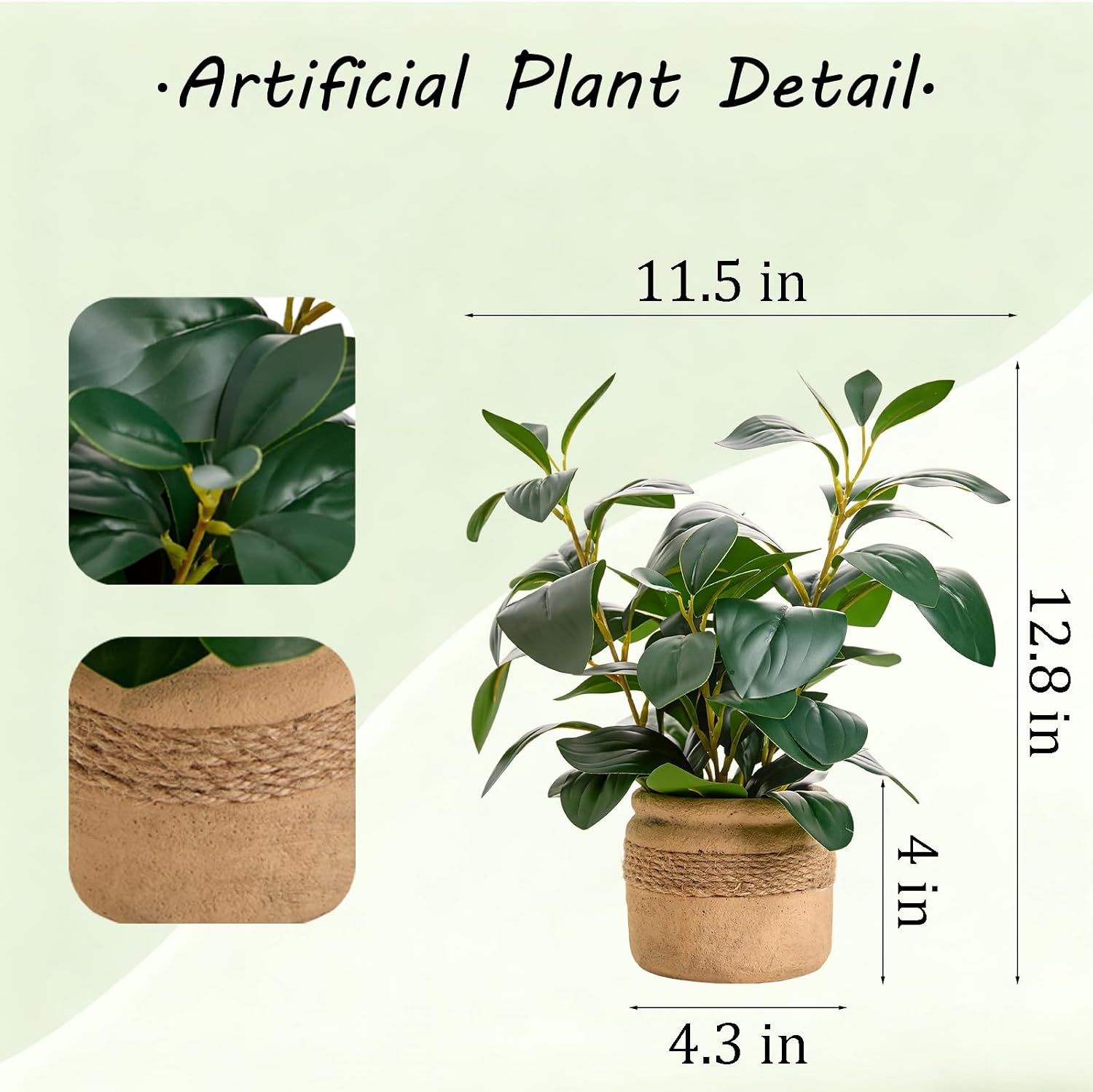 Artificial Fake Plant Potted 12.8'' Small Faux Greenery Ficus Style in Jute-Wrapped Yellow Planter for Tabletop Home Office Decor