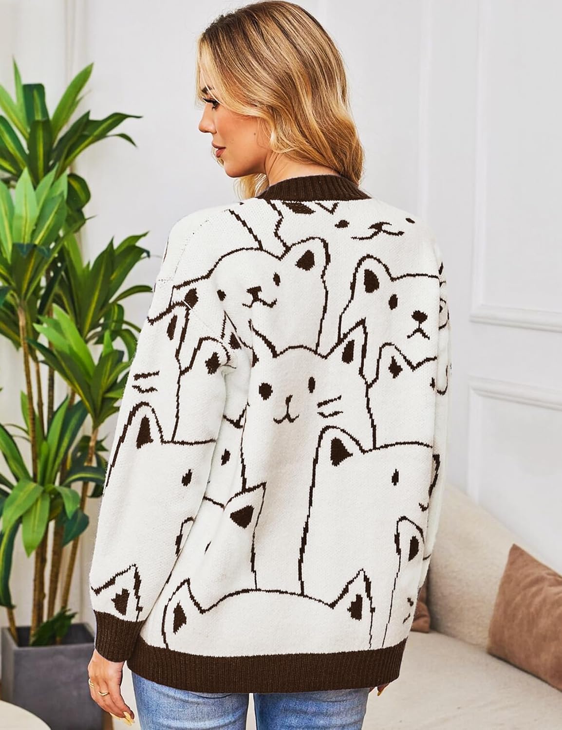 Flygo Cat Sweaters for Women Oversized Chunky Button Down Knit 2025 Fall Cardigan Cute Cartoon Sweater Kawaii Clothes - Image 3