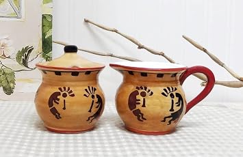 ACK Western Kokopelli Hand Painted Ceramic Creamer & Sugar Set, Sugar Bowl with Lid